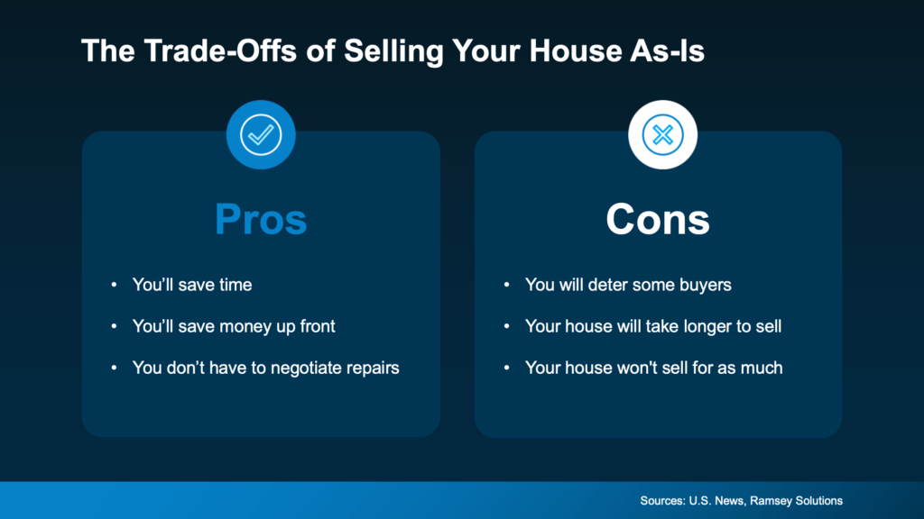 Selling as-is: chart showing the pros and cons of the trade-offs of selling your house as-is